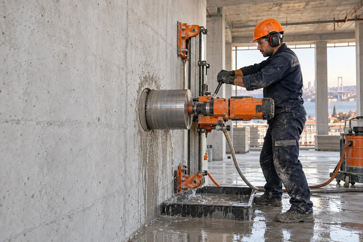 Beton duvarda sabitlenmiş karot makinesiyle çalışan koruyucu ekipmanlı uygulayıcı
